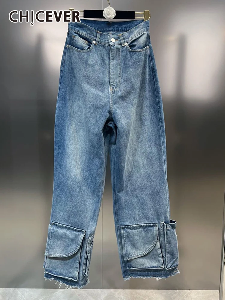 

CHICEVER Y2K Patchwork Pockets Jeans For Women High Waist Spliced Button Casual Loose Folds Long Trousers Female Spring 2023