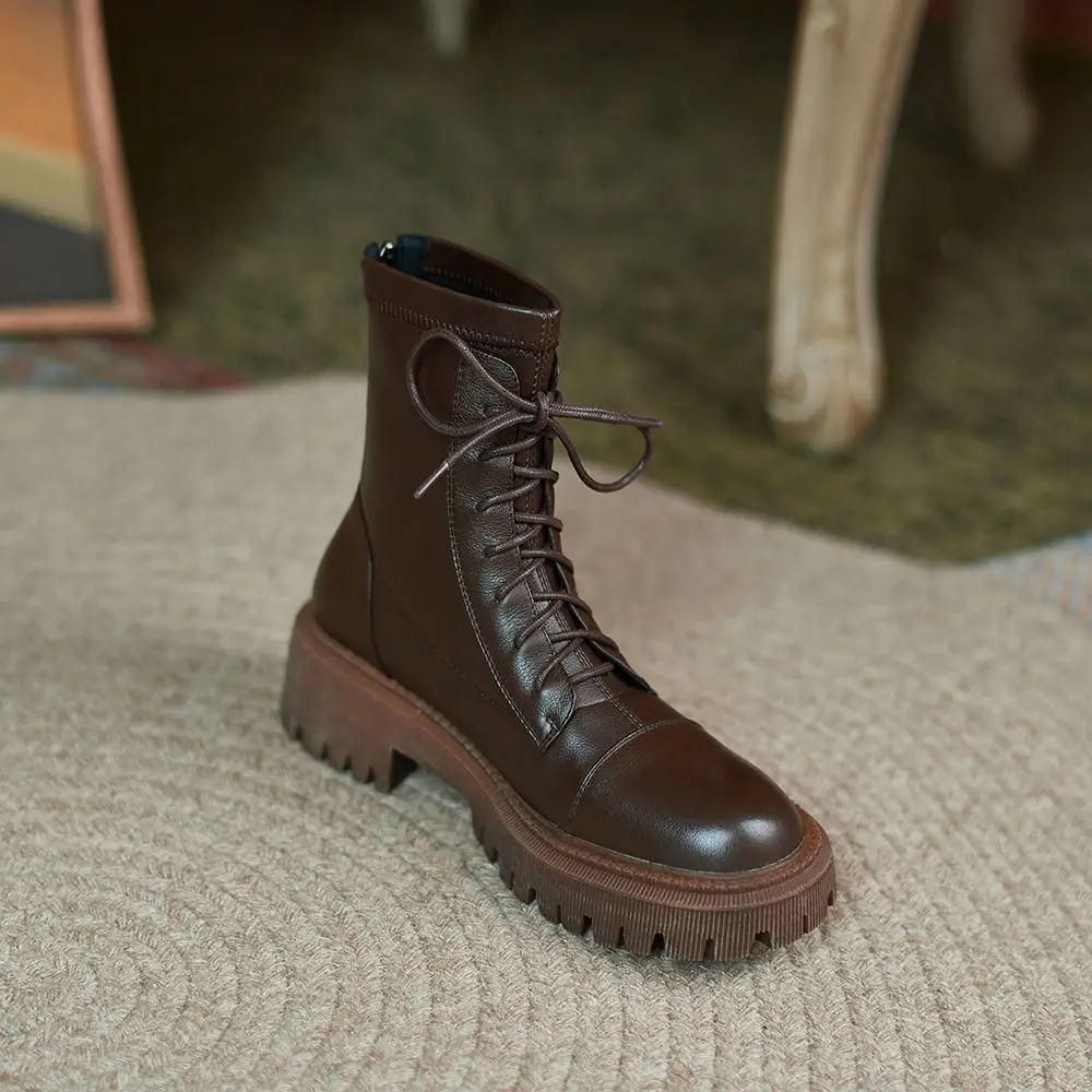 

Soft Leather Thick-soled Motorcycle Boots Mid-tube Short Front Lace PU Square Heel Fashion Women Winter 2022 New Shoes