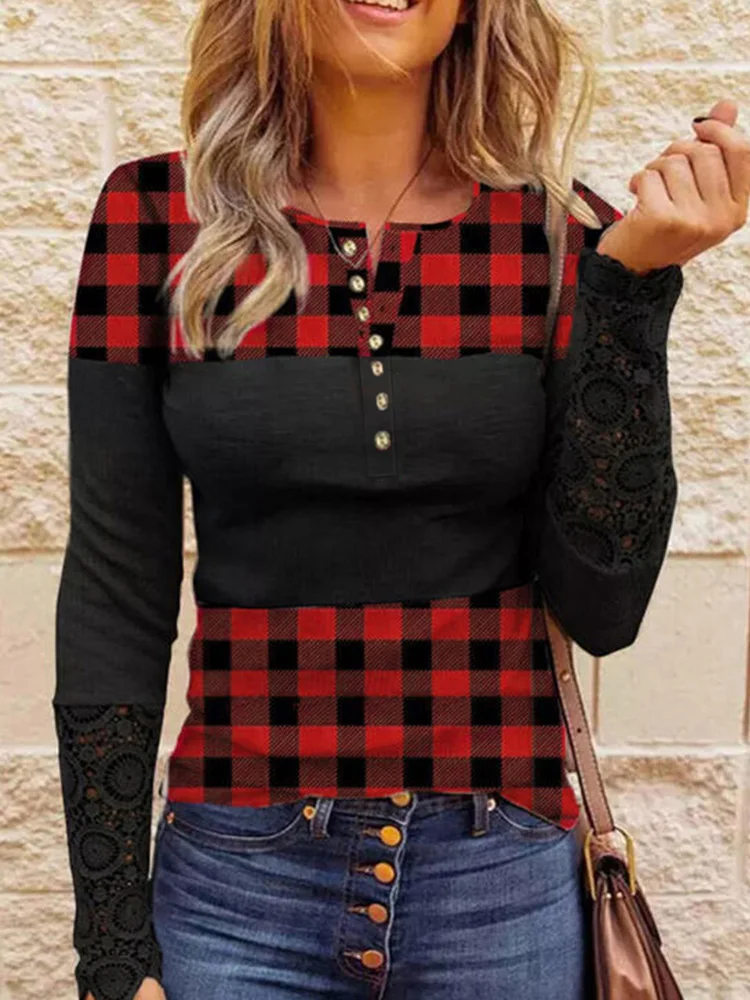 

Check Lace Top Long Sleeve T-shirts Women Vintage O-Neck Casual Loose Fashion Clothes Streetwear Style Femme Women Clothing