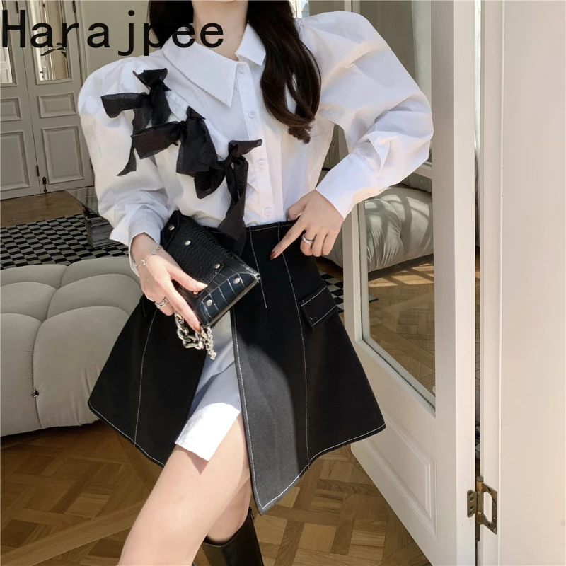 

Женское однотонное платье-рубашка Harajpee с бантом, длинным рукавом и юбкой с высокой талией