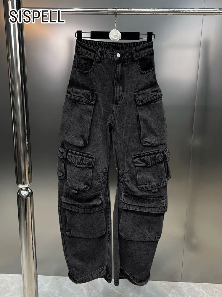 

SISPELL Vintage Jeans For Women High Waist Patchwork Pocket Loose Temperament Zipper Casual Wide Leg Pants Female Autumn 2022
