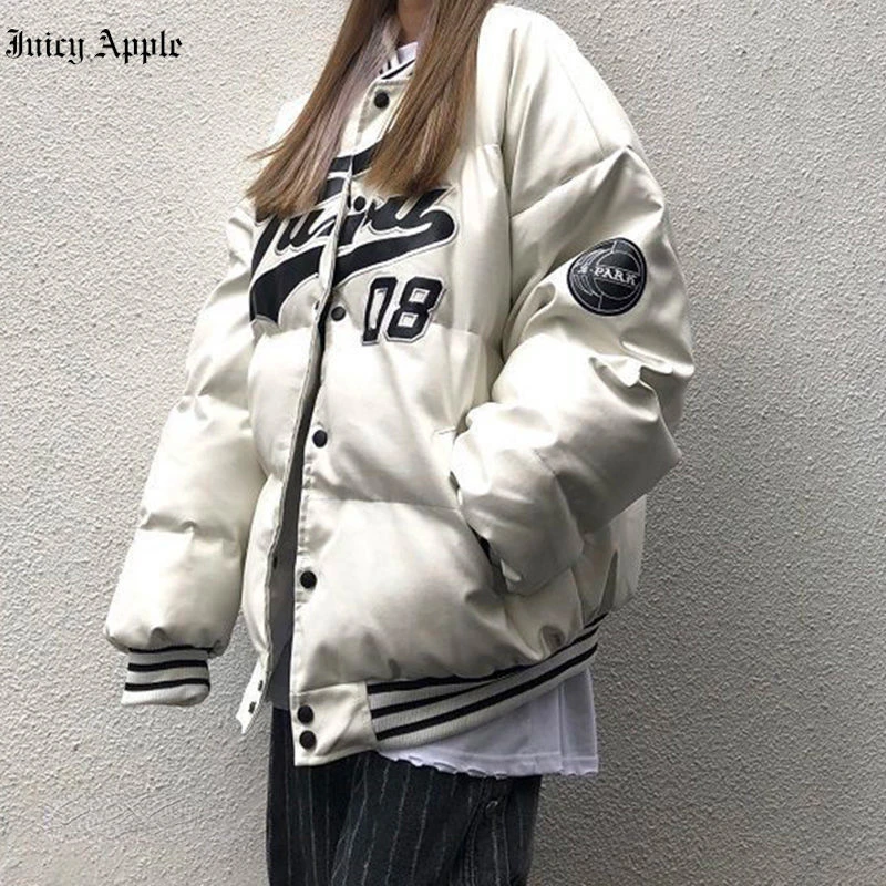 Winter Coat 2022 For Women Letter Pattern Print Pockets Thick Parkas Casual Loose Streetwear Jacket Office Lady Female Clothing