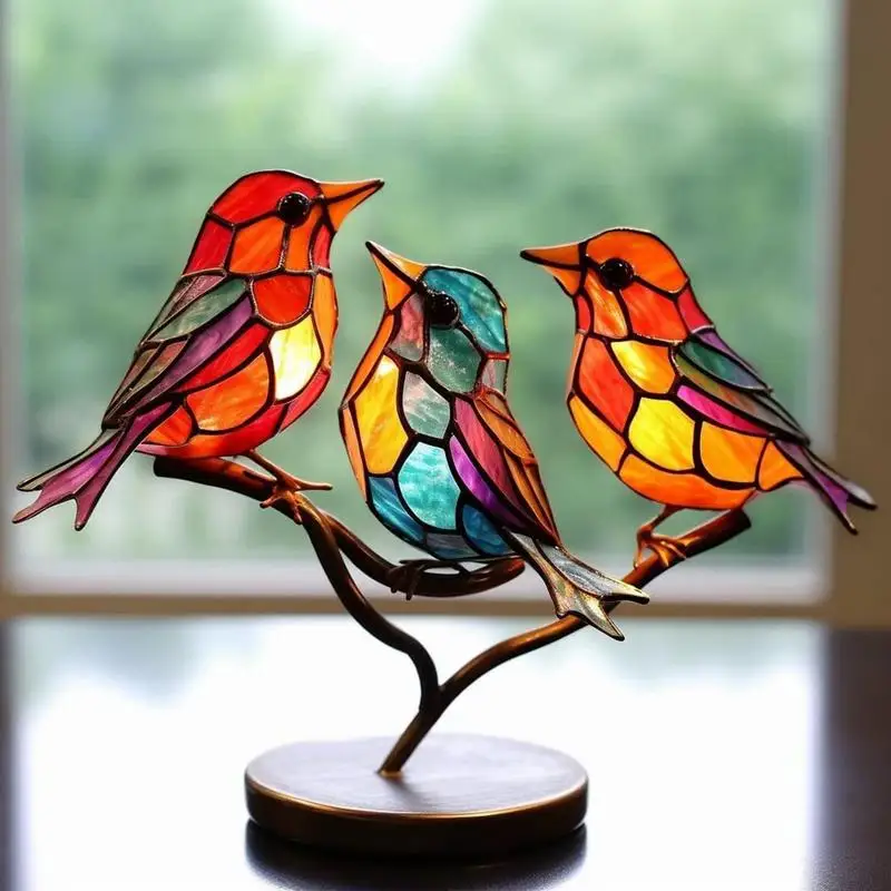 

Stained Glass Birds On Branch Desktop Ornaments 1PC Double Sided Multicolor Birds Ornaments Bird Series Acrylic Decoration