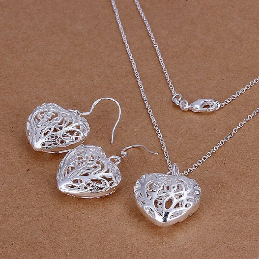 

925 Sterling Silver Heart Necklace EarringWedding Party Jewelry Retro Romantic Women Cute Lady Fashion Set
