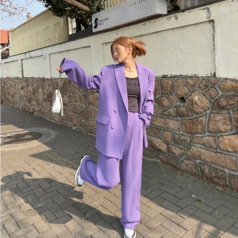 Spring Korean Style Pants Sets Loose Purple Duble Breasted Women Blazer & Long Wide Leg Trousers 2 Piece conjuntos de pantalón