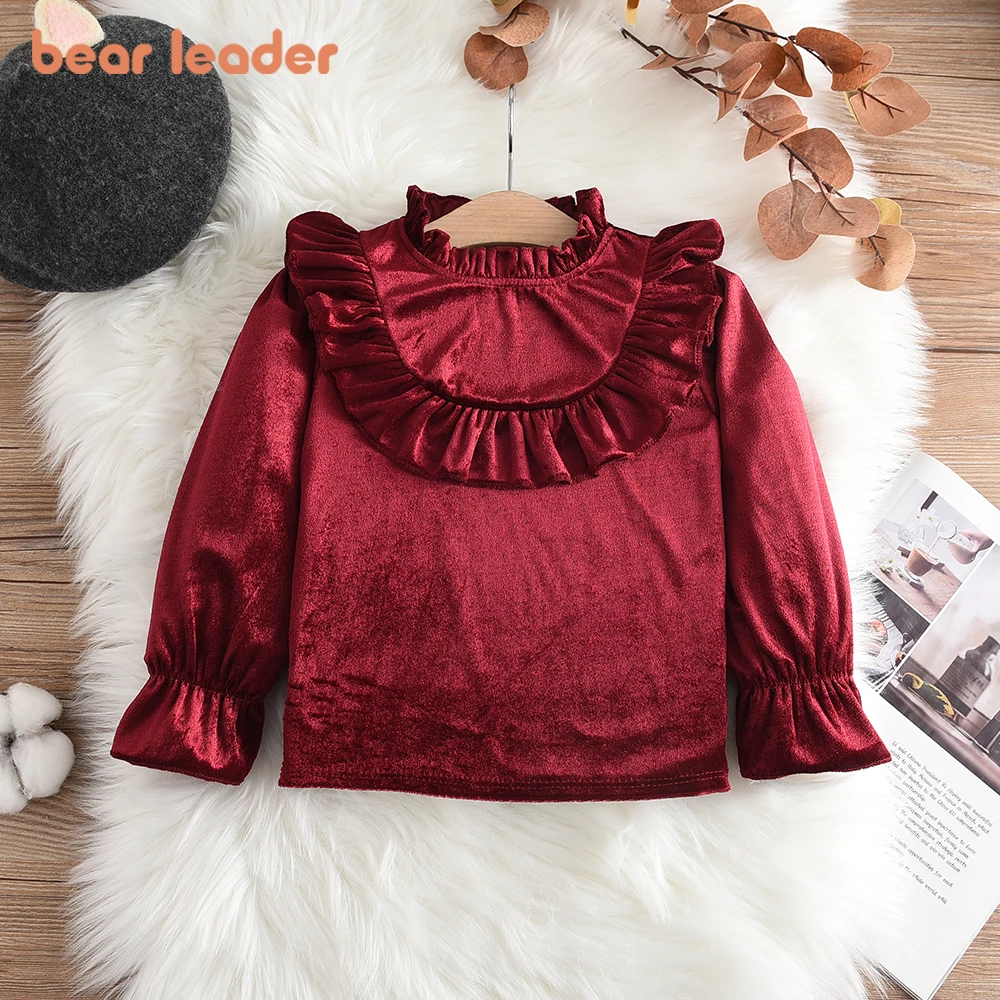 

Bear Leader Fashion Blouses for Girls Ruffled Collars Long Sleeved Girls Blouses Burgundy French Velvet Blouses Girl Shirts