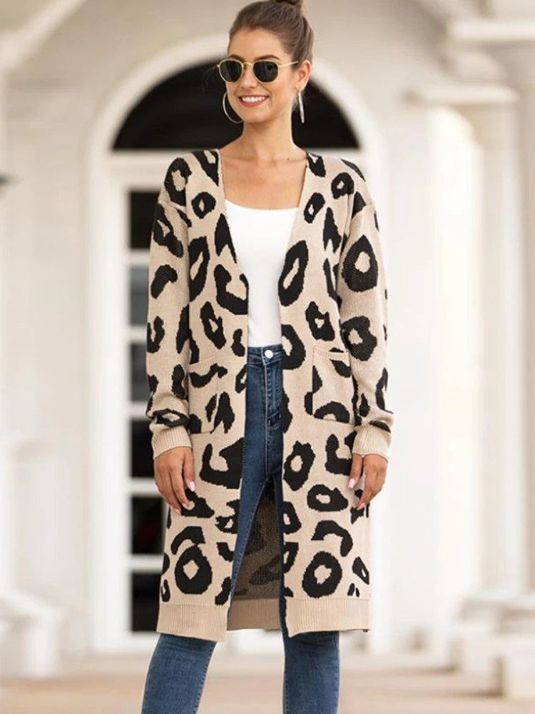 

Fall Winter Women Knitted Cardigan V Neck Leopard Pocket Sweater Cardigan Korean Fashion Long Oversize Top 2022 Women Coats