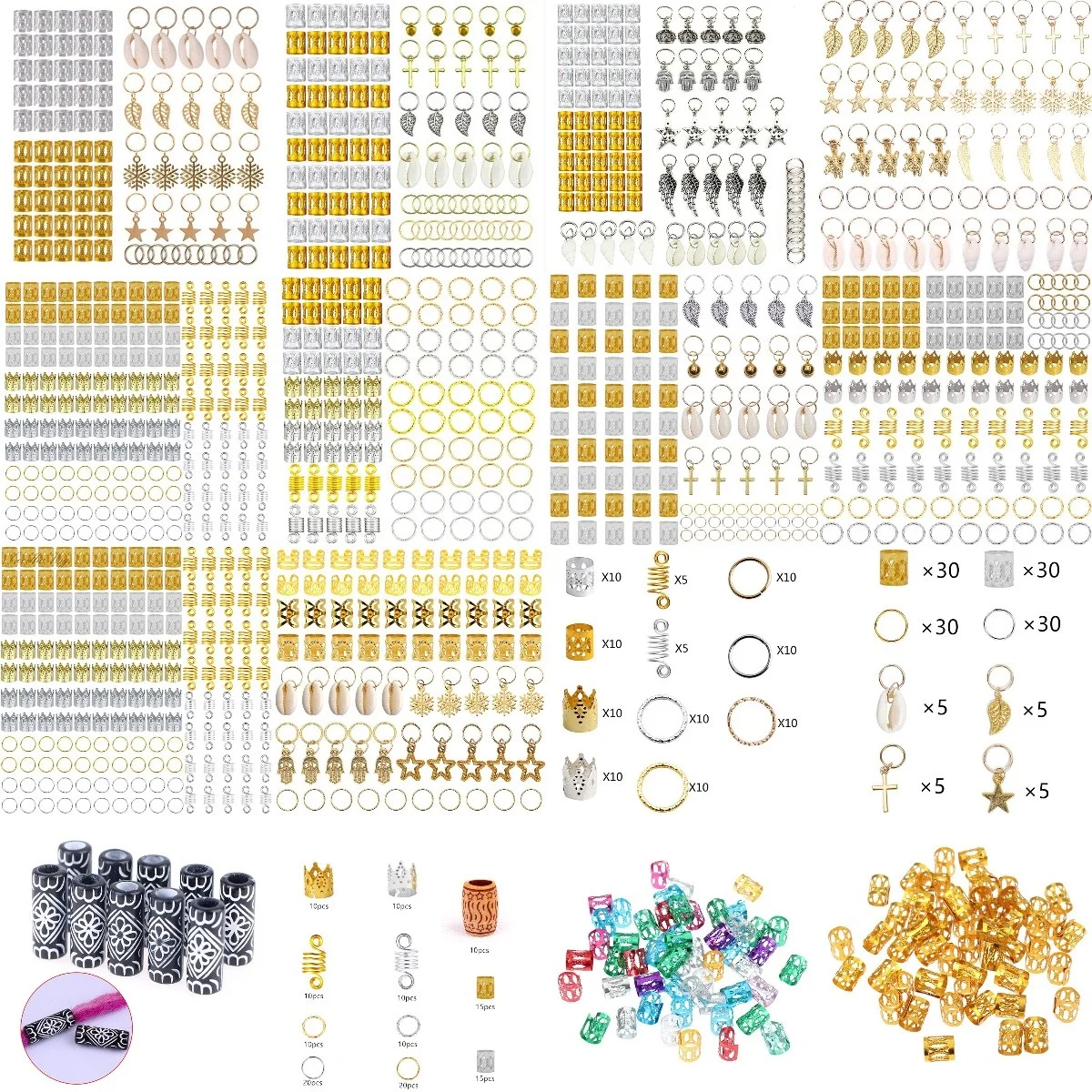 50-160pc/set Metal African Hair Rings Beads Cuffs Tubes Charms Dreadlock Dread Braids Jewelry Decoration Accessories - купить по
