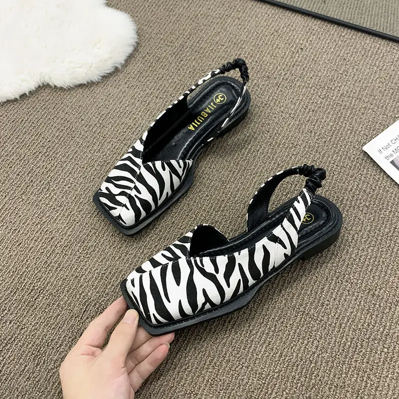 

2022 Summer Square Toe Pleated Elastic Band Sandals Women Slippers Elegant Grandma Shoes Woman Cut Out Cover Toe Sandalias Mujer