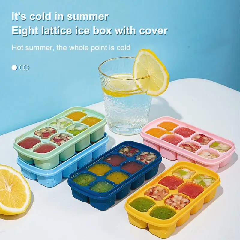 

Ice Cube Mold DIY 8 Grid Square Soft Bottom Silicone With Cover Easy To Demould Summer Homemade Ice Cube Box Kitchen Tools