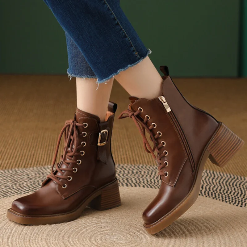 

Winter Vintage Work Boots Split Leather Square Toe Chunky Heel Women Boots Belt Buckle Platform Boots Lace Up Women Boots
