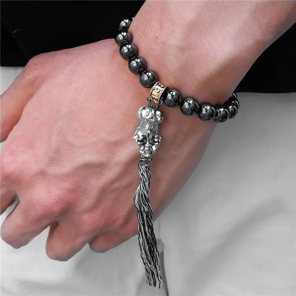 

Feng Shui Pixiu Magnetic Hematite Stretch Beads Bracelet Men Women Tibetan Buddhist Braided Lucky Knots Rope Black Bracelet