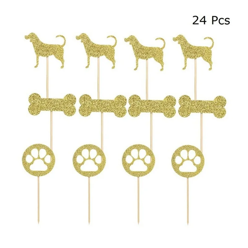 

24pcs Shining Dog Cake Topper Bone Footprint Decor Insert Card Decorating Cupcake Toppers Kids Birthday Party Favors Gathering