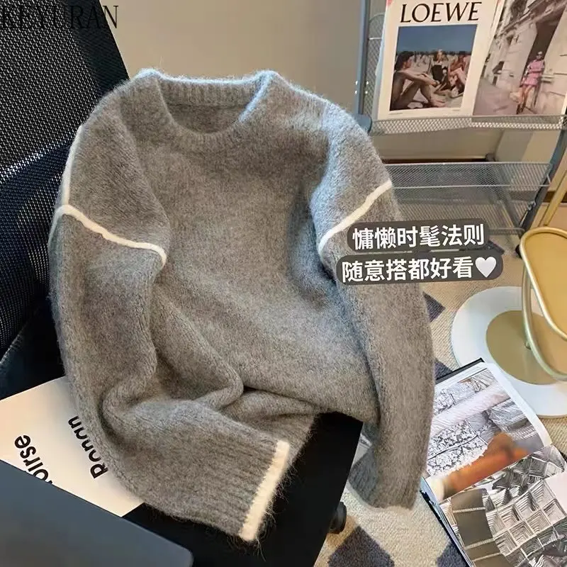 

Grey Knitted Sweater Women Pullovers 2022 Autumn Winter Fashion Casual Loose O-Neck Long Sleeve Patchwork Sweaters Woman Jumper