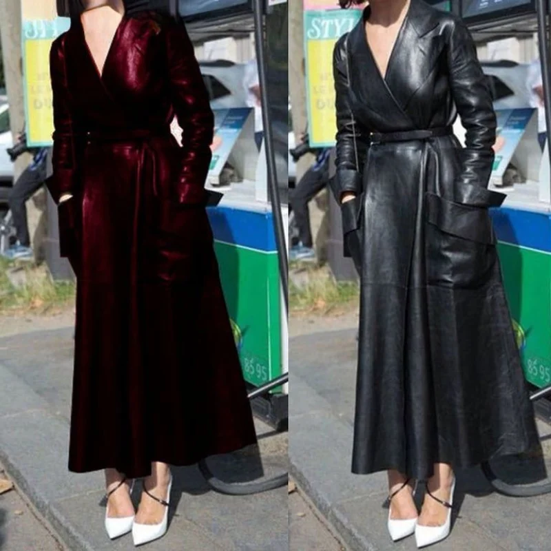 

Leather Coat Solid Color Lapel Pocket Coat Super Long Mesh Pu Suit Tie Belt Waist Coat Women's Streetwear Trench Coat for Women