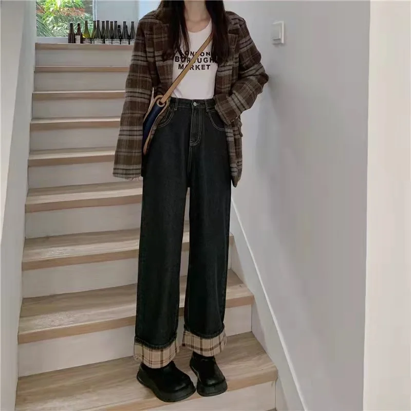 2023 New High Waist Plush and Thicken Jeans for Women Plus Size Baggy Pants Korean Style Streetwear y2k Clothes Slim Trousers