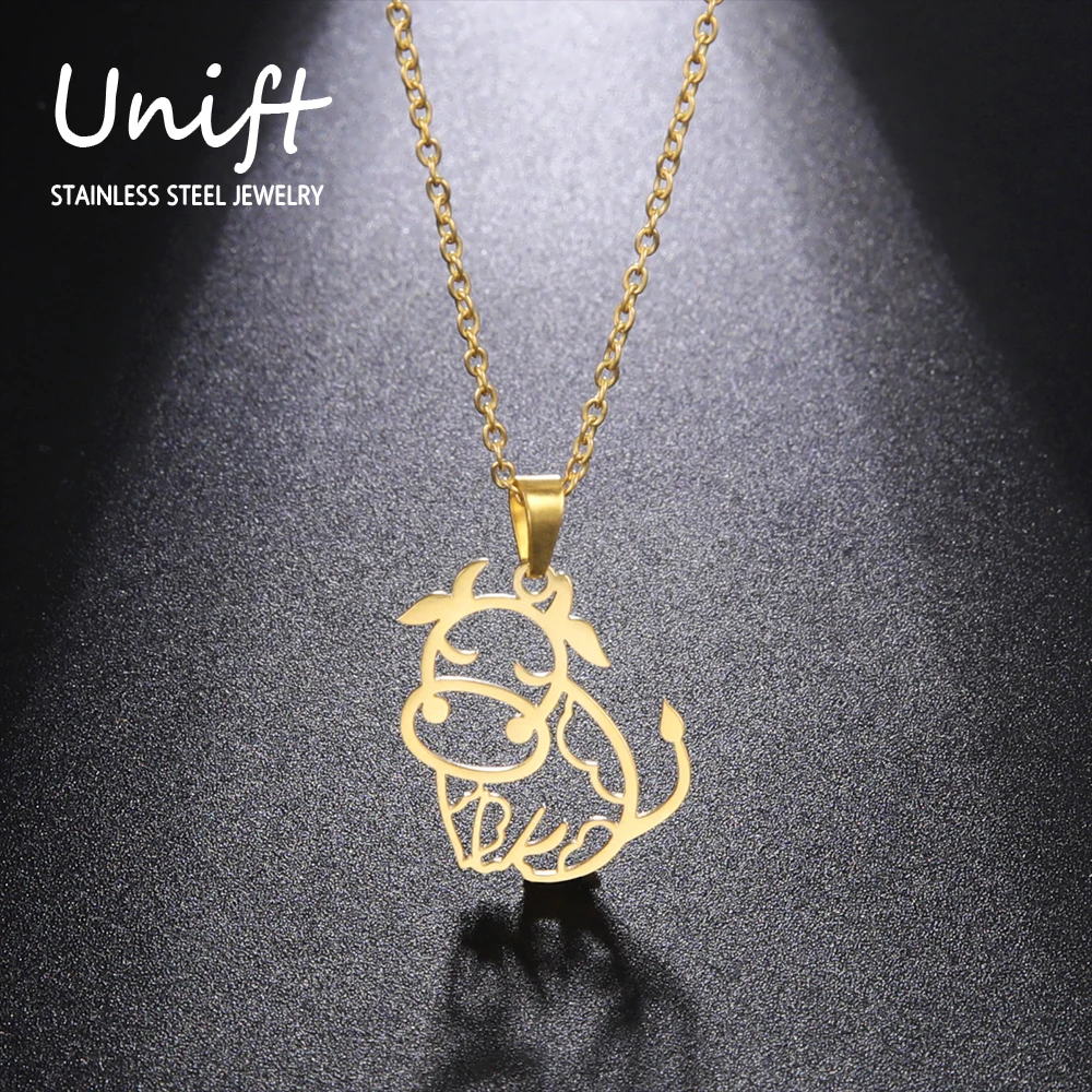 Unift Cute Dairy Cow Necklaces For Women Unique Cow Stainless Steel Pendant Fashion Lovely Animal Necklace Jewelry Cowboy Gift