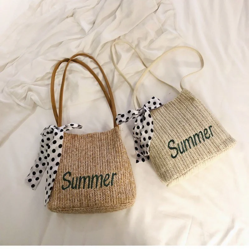 

New Fashion Scarf Decorated Bucket Straw Woven Bag Summer Portable Shoulder Tote Bags for Women