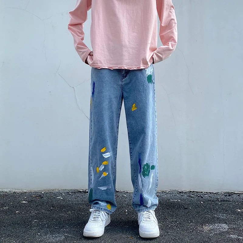 

Spring and Summer New High Street Jeans Men's Trend Printing Loose Straight-leg Pants Hip-hop Streetwear Men's джинсы мужские