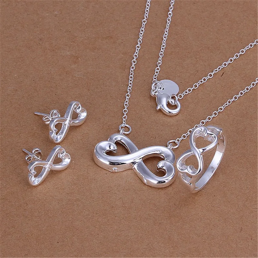 

Hot 925 sterling silver Jewelry set for women 8-shaped heart pendant Bracelet necklace earring stud Fashion Party Gift