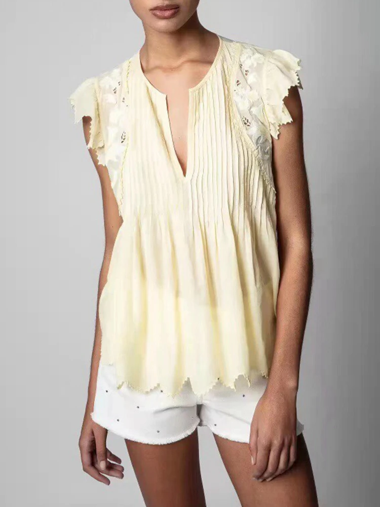 

2022 New Flying Sleeve Top Embroidered Flowers Women Shirt