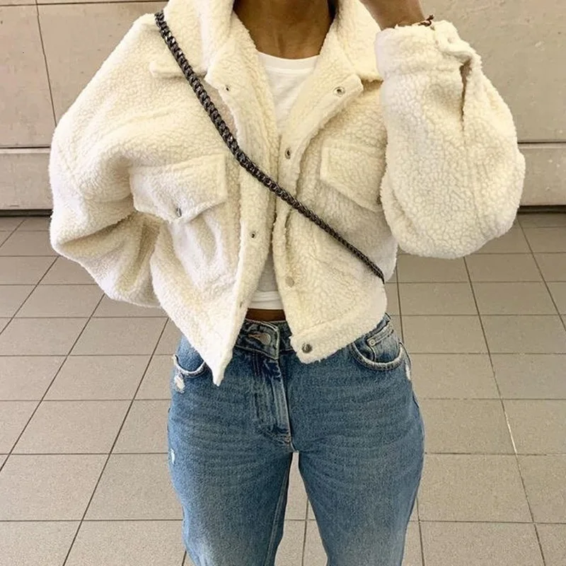 

Fashion Lamb Wool Autumn Winter Coat Women Jacket Fleece Shaggy Warm Cropped Jackets Overcoat Single Breasted Outwear