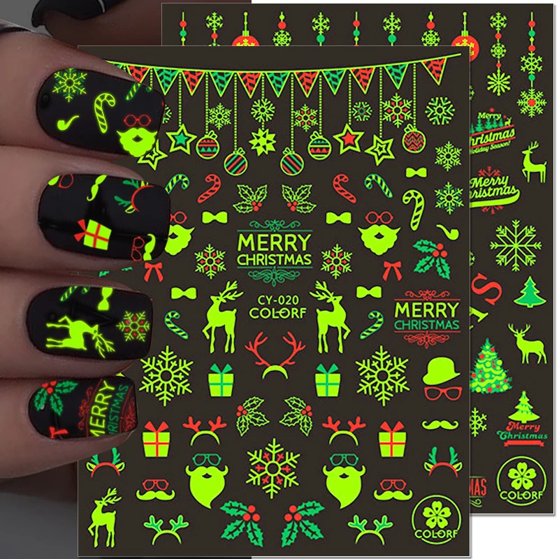 

Christmas Luminous Nail Stickers 3D Santa Claus Elk Snowflake Nail Art Stickers Glowing In The Dark Tattoo Nail Decals Supplies