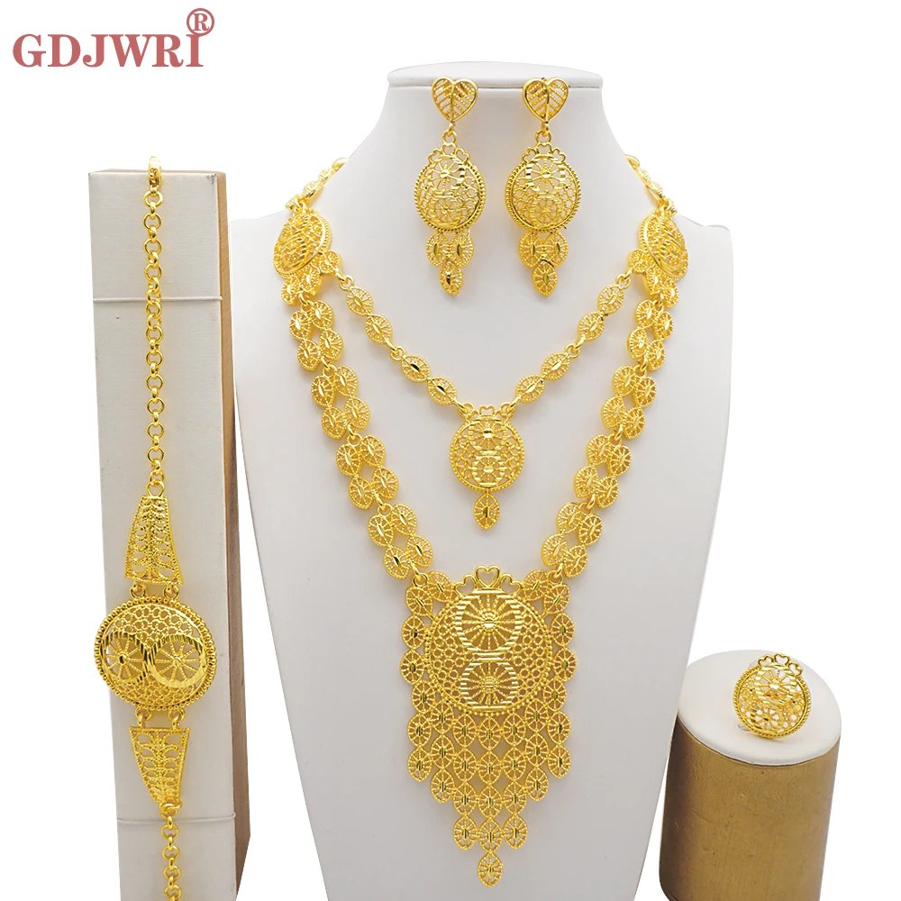 

Золотой комплект ювелирных изделий в дубайском стиле для женщин, свадьба, невесты, эфиопское Африканское ожерелье, браслет, серьги, кольцо, ...