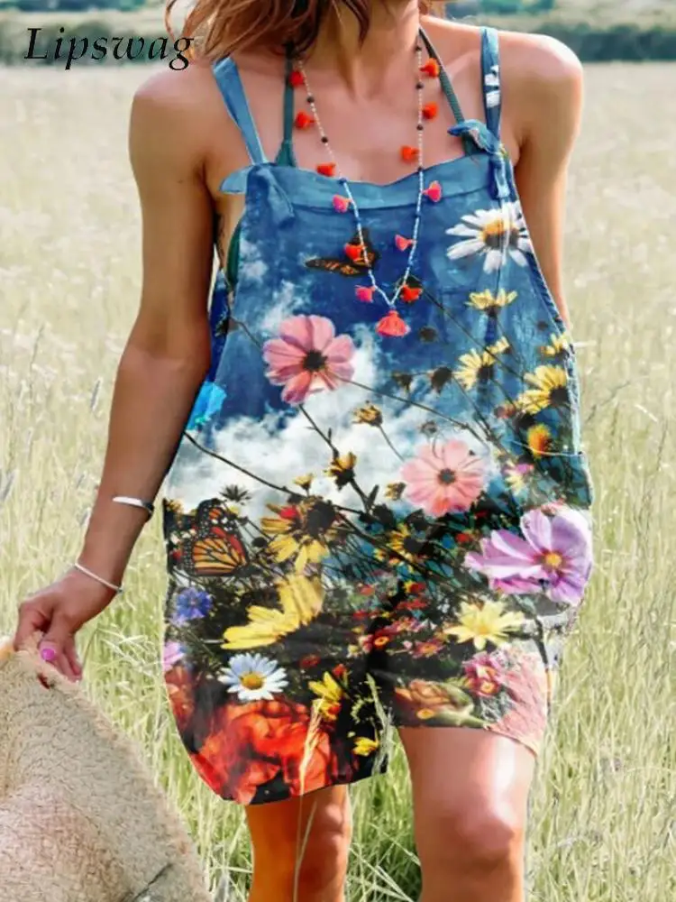 

2022 Female Flowers Print Short Pants Playsuits Women's Summer Lace Up Jumpsuits Summer Cowboy Overalls Casual Suspender Rompers