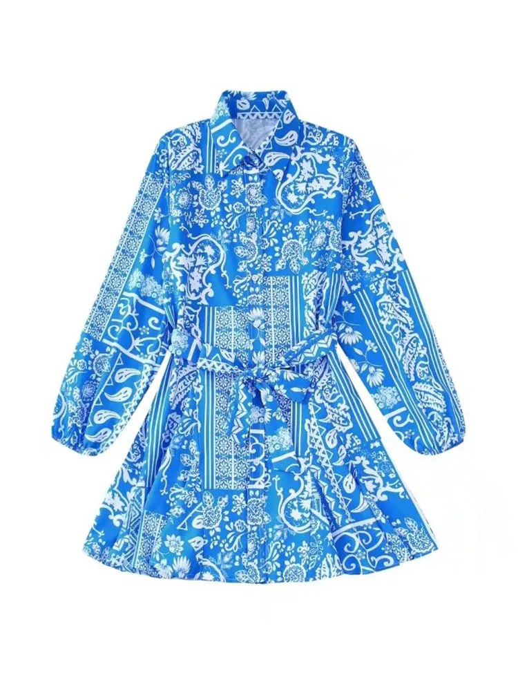 

TFMLN Summer Women Printed Dress With Belt 2022 Sweet Girls Vintage Mini Long Sleeve Dress High Waist Single Breasted Outwear