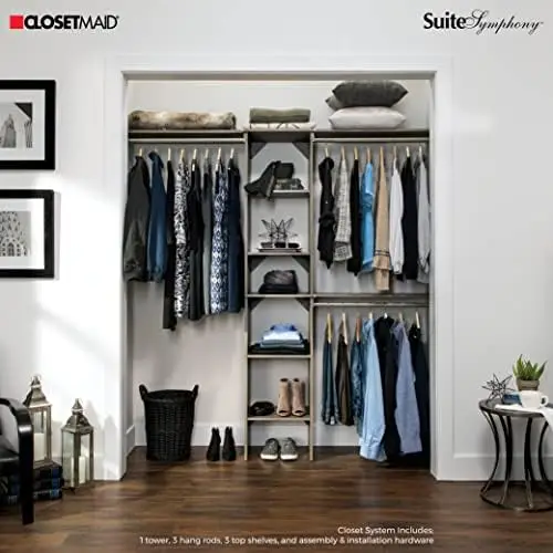 

Wood Closet Organizer Starter Kit with Tower and 3 Hang Rods Shelves, Adjustable, Fits Spaces 4 \u2013 9 ft. Wide, Natural Gray,