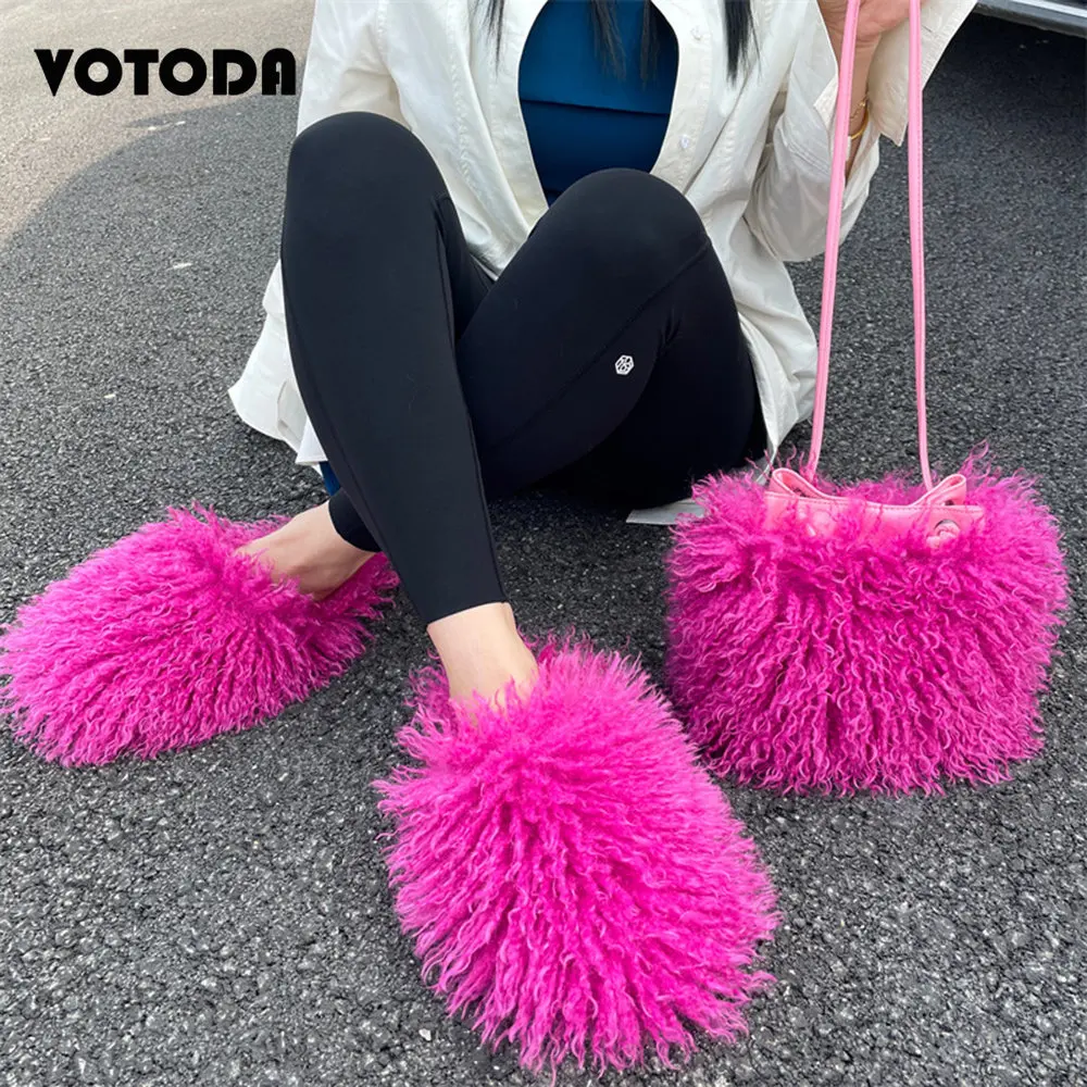 Luxury Mongolian Fur Slippers Faux Wool Fluffy Fur Slides Home Flat Flip Flop Cute Furry Tassel Handbag Women Shoes Shoulder Bag