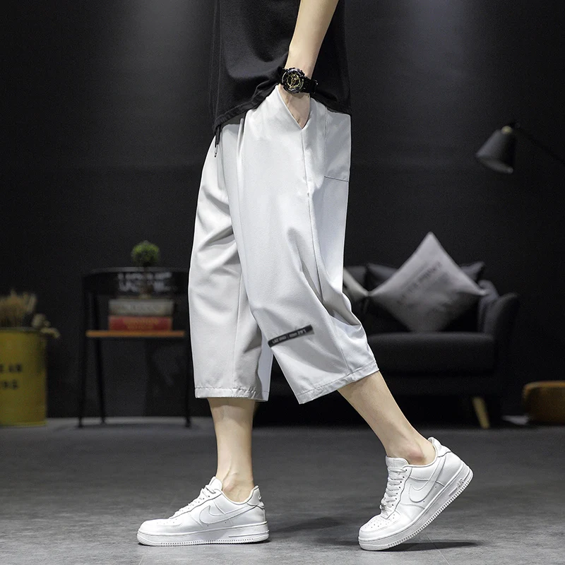 

2022 Summer New Men's Large Size Japanese Ice Silk Pants Thin Cropped Pants Casual Pants