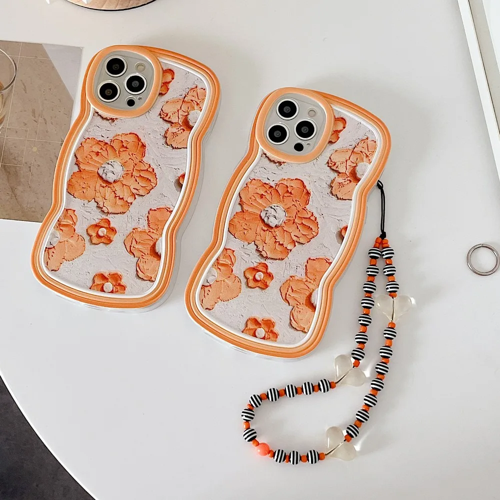 

Wavy Border Orange Flower Pattern With Bracelet Case For iphone 11ProMax 11 12Pro 12 13ProMax 13Pro 13 XS X XR XSMAX Soft Shell