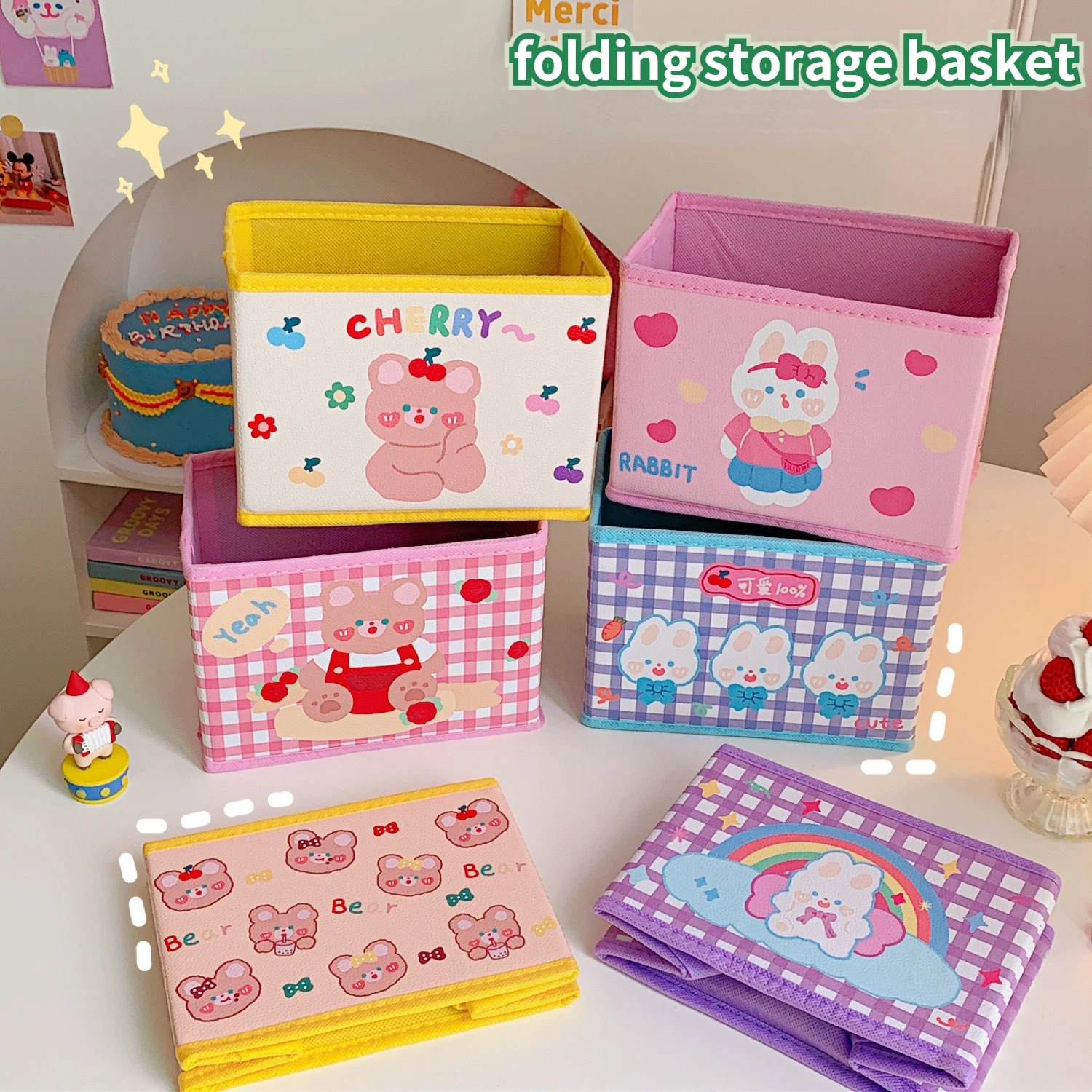 

Student Desktop Storage Box Organizer Kawaii Korea Foldable Sundries Sorting Cute PU Leather Cartoon Storage Box Home Organizer