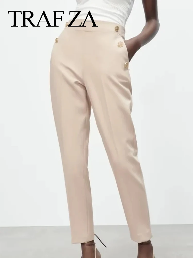 

TRAF ZA Elegant Chic Pencil Pants Solid Multicolor Elastic Side Pockets Button Premium Fashion Slim Fit Versatile Pants Ladies