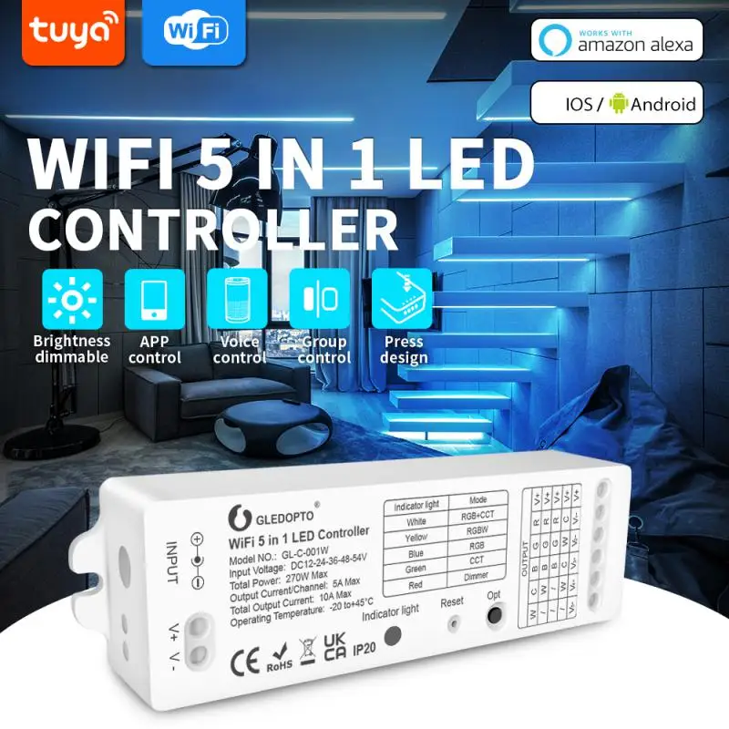 

Светодиодная лента управления Wi-Fi Tuya RGB + CCT 5 в 1 для умного дома, работает с Google Home и Alexa и голосовым управлением