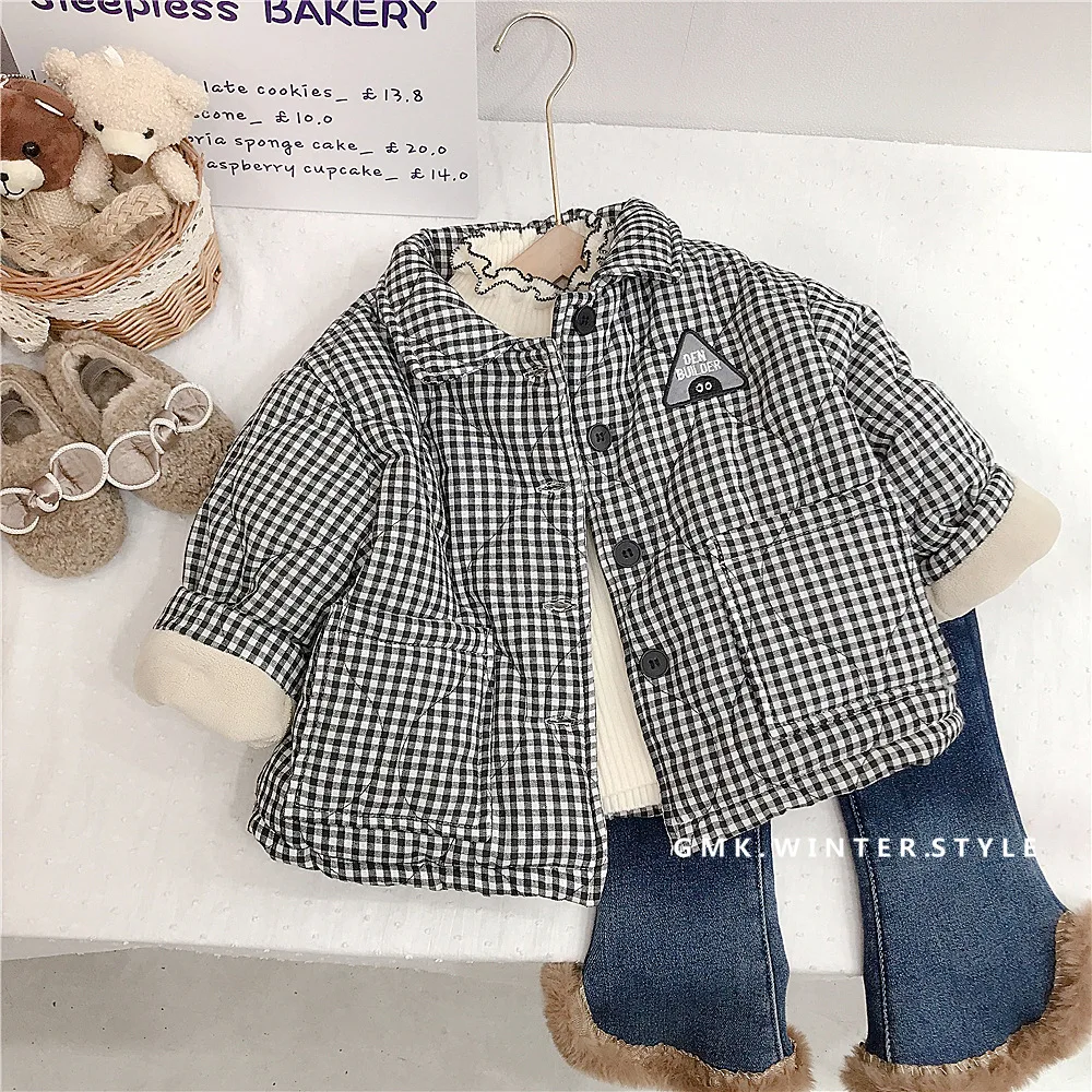 

2023 New Classic Plaid Winter Toddlers Kids Plaid Thicken Coats Korean Style Fleece Lining Children Warm Outerwear