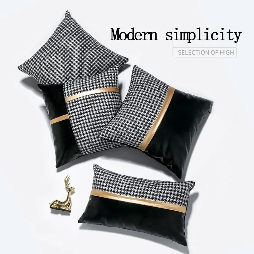 

Lattice Splicing Cushion Cover Rectangle Polyester Cotton Living Room Cushion Covers Sofa Lumbar Pillowcase Golden Stripes