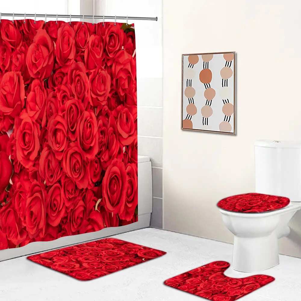 

3D Red Rose Flowers Bathroom Curtains Printed Fabric Shower Curtain Set Bath Mats Rugs Toilet Lid Cover Anti-skid Carpet Decor