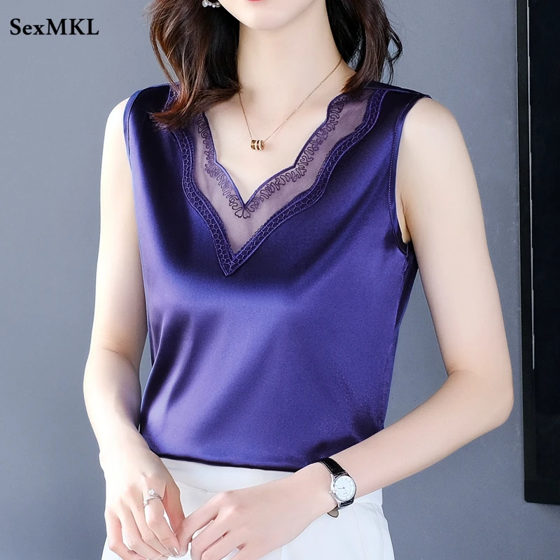 

M-4XL Fashion Chiffon Tops Shirt Women 2022 Summer Casual Loose Sleeveless Lace Blouse V-neck Top Office White Black Blusa Mujer