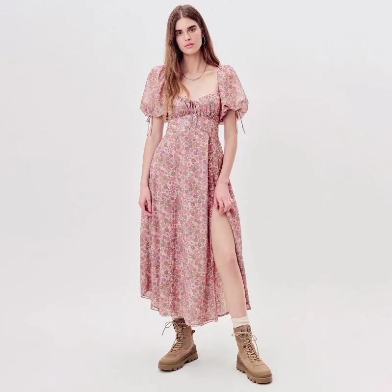 

2022 New Printed Button Down Split Dress Short Sleeve Chiffon Midi Dress Backless Princess Vacation Prom Dress Mujer Chic Robes