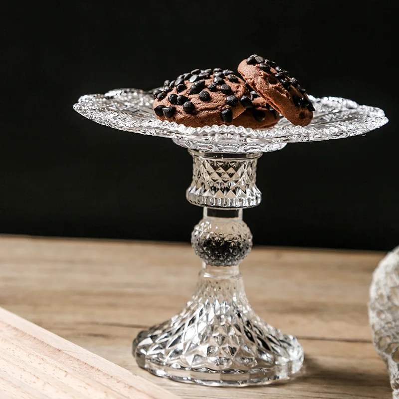 

European Style Glass Dried Fruit Plate Simple Relief Dim Sum Plate High Foot Refined Dessert Cake Plate