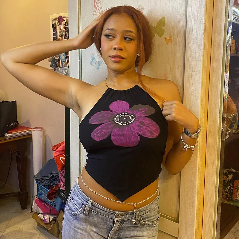 

Zoctuo Women Fashion Halter Flowers Printed Backless Black Tank Tops Camis 2022 Summer Clothing Dropshipping Streetwear