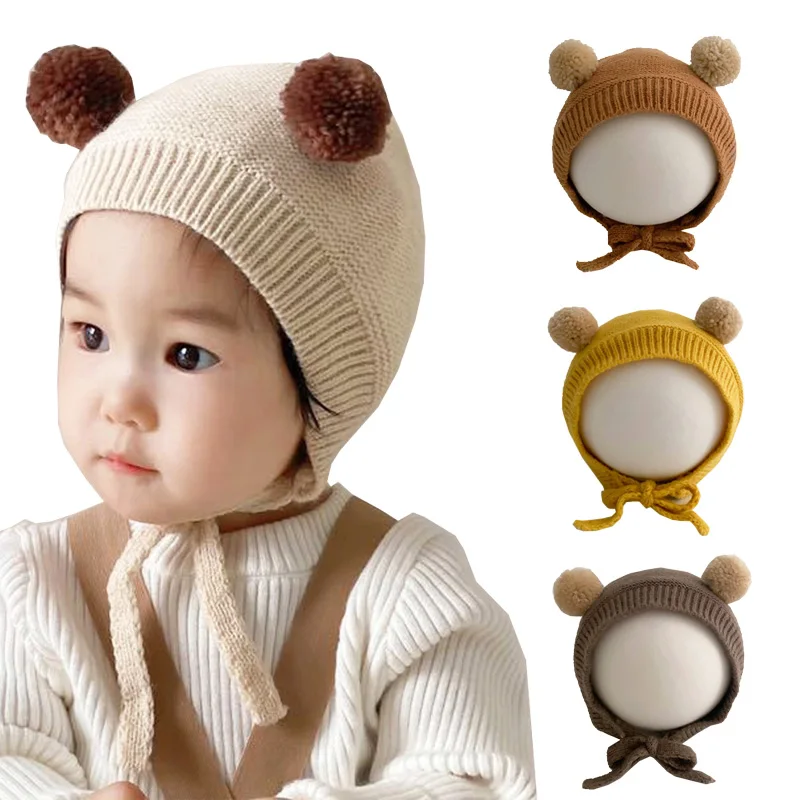 

Cute Knitted Baby Hat Winter Pom Pom Kids Beanie Cotton Lining Infant Bonnet Warm Ears Toddler Caps for Girls Boys 3-24M