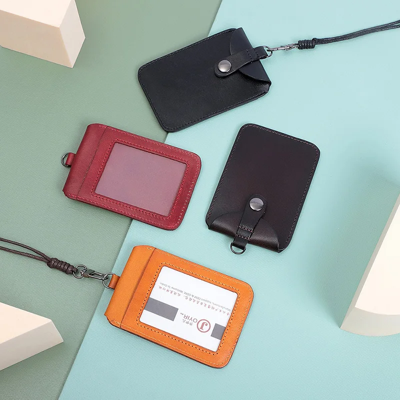 Original Japanese Genuine Leather Badge Card Holder with Neck Lanyard High-end Access Control Work ID Card for Men and Women