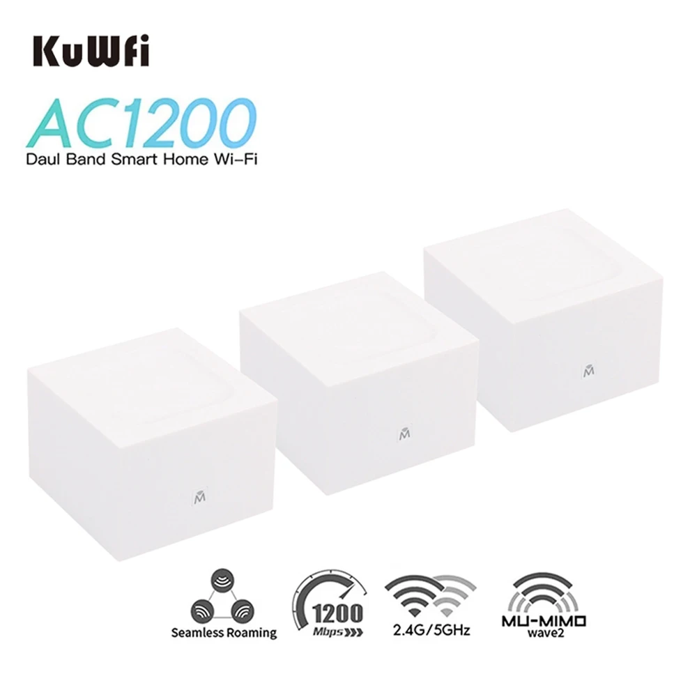 

KuWFi Mesh Router WiFi 2.4G&5G AC1200 Whole Home Coverage Wireless System Ethernet Gigabit Port WiFi Extender APP Remote Manage