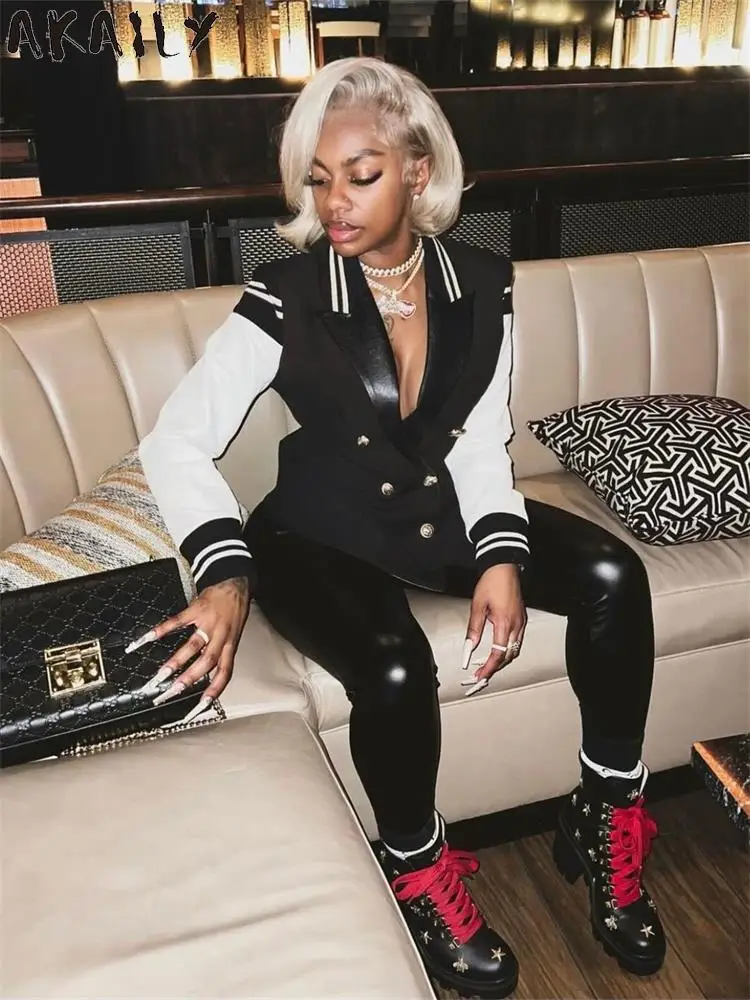 

Осенние блейзеры Akaily из искусственной кожи в стиле пэчворк для женщин 2022 полосатые бейсбольные куртки с длинным рукавом Женские повседневн...