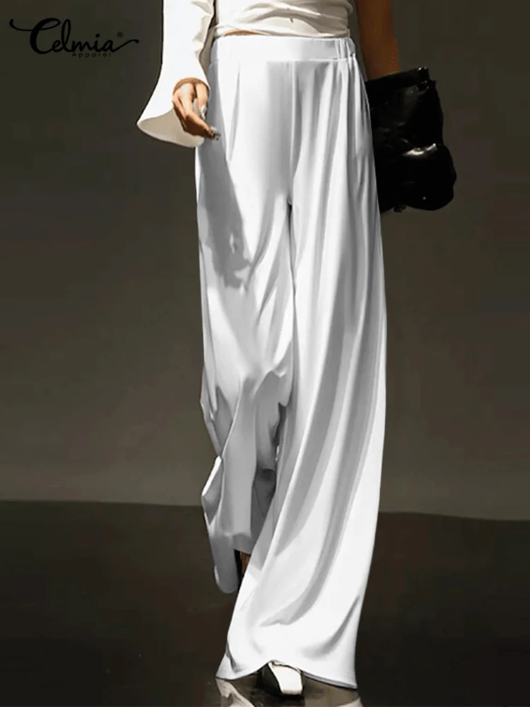 

Celmia Women Fashion Satin Pants Elegant Elastic Waist Wide Leg Pantalones All-match Glossy Silky Trousers Runway Ropa De Mujer