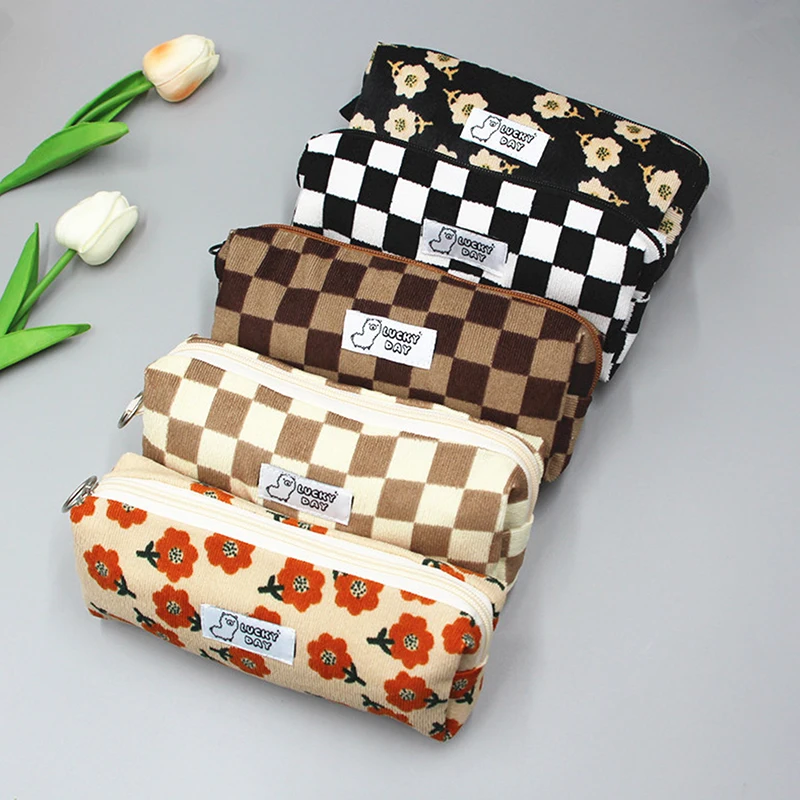 

Women Corduroy Plaid Flowers Cosmetic Lipsticks Bag Korean Student Pencil Case Travel Makeup Brushes Bag Neceser Organizer Bags